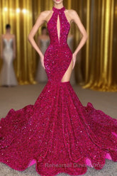 Sparkle Sequined Fuchsia High neck mermaid Keyhole asymmetric cut Semi Formal Prom Dress